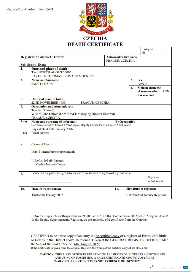 Download Czechia death certificate Word and PDF template Photoshop template